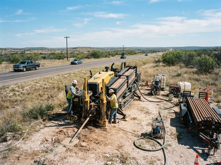 Wide environmental shot of a heavy horizontal directional drilling rig operating on a Texas roadside, bright Texas daylight, high-contrast cool tones, 35mm