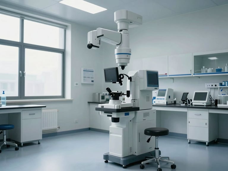 A pristine, modern medical laboratory with high-tech diagnostic equipment, soft cool daylight coming from a side window, architectural wide shot, clean clinical environment with no people.