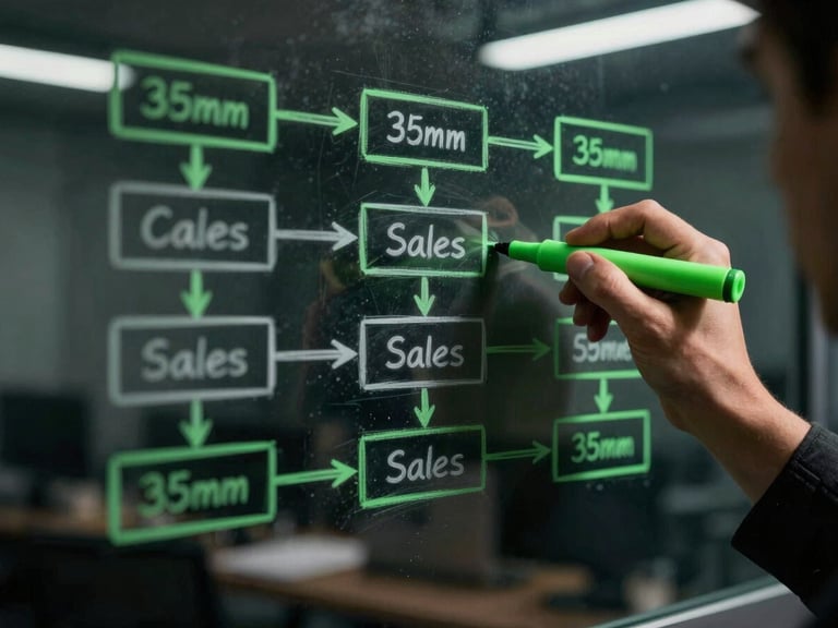 Hands sketching a multi-channel sales funnel on a dark glass board using a bright green marker. Intense focus, dramatic shadows, 35mm.