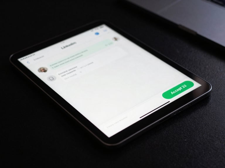 Close-up of a tablet on a dark desk showing a LinkedIn message conversation with a prominent green 'Accept' button. Moody side lighting, sharp focus.