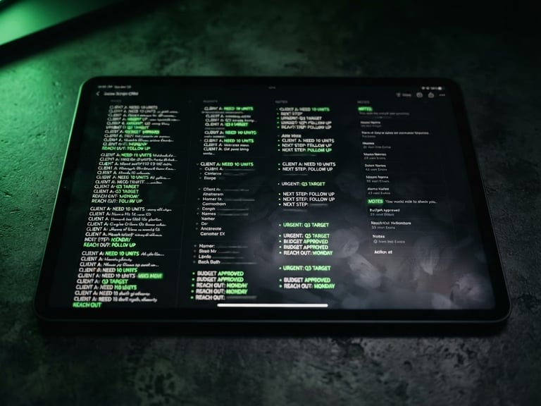 Tight macro shot of a modern tablet on a dark concrete desk, displaying clean sales scripts with highlighted green text, dramatic low-key side lighting