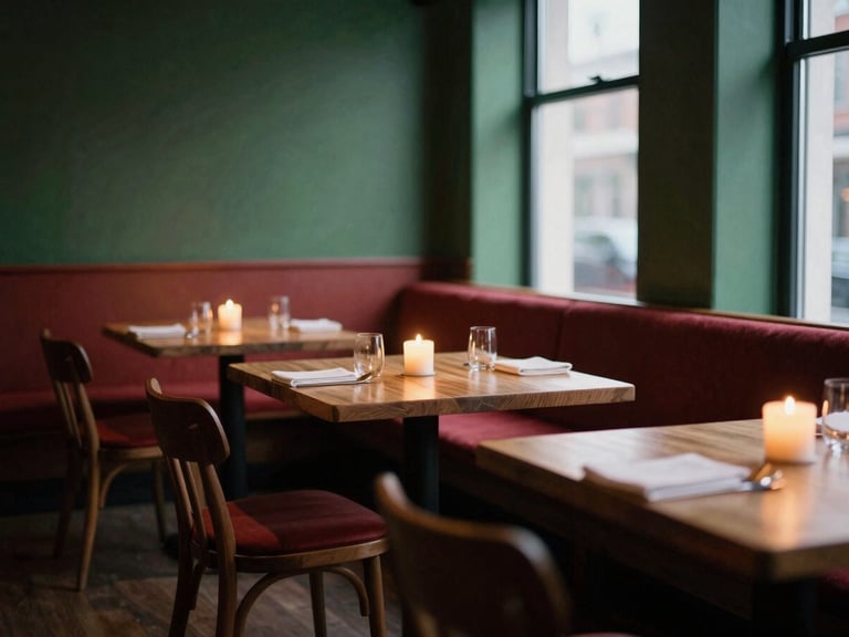 Cozy Scandinavian-style restaurant dining room at dusk, warm ambient lighting, candlelit wooden tables, soft shadows