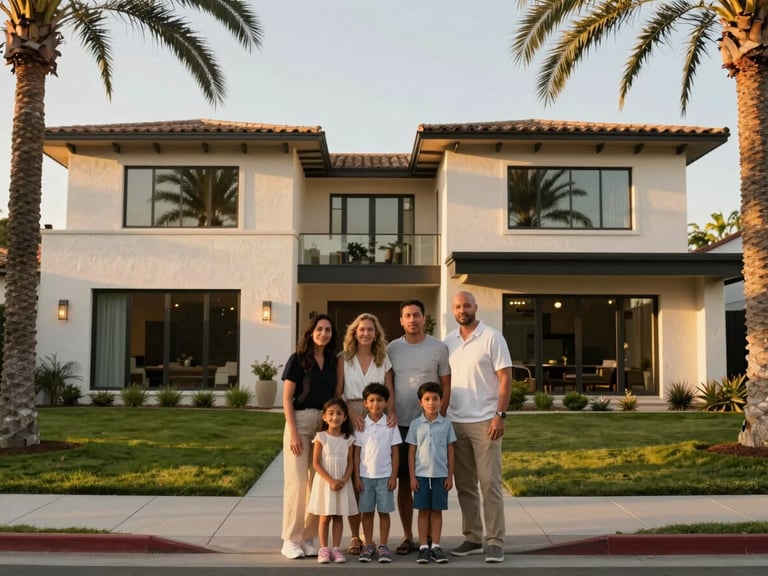 Warm, golden hour wide shot of a multicultural family standing in front of an elegant Southern California modern home, sun filtering through palm trees.