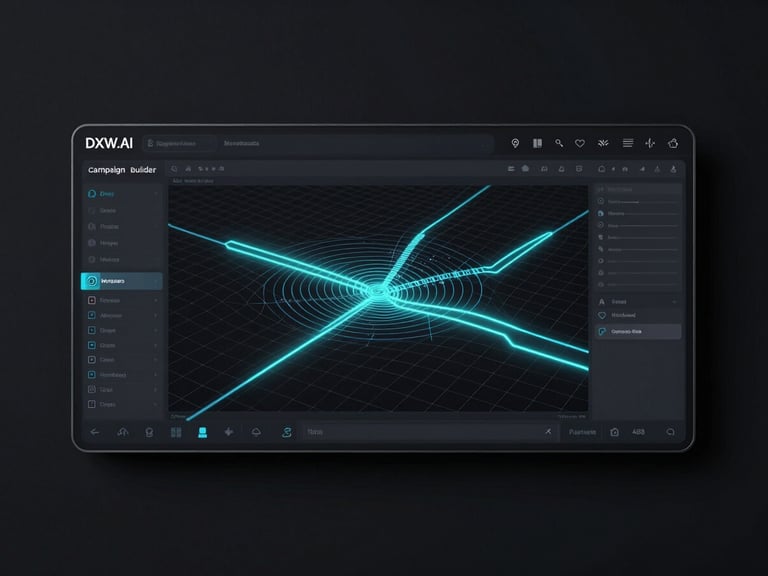 A flat-lay wireframe of the DXW.ai campaign builder interface, clean slate-colored lines on a deep black background, neon-cyan active paths.