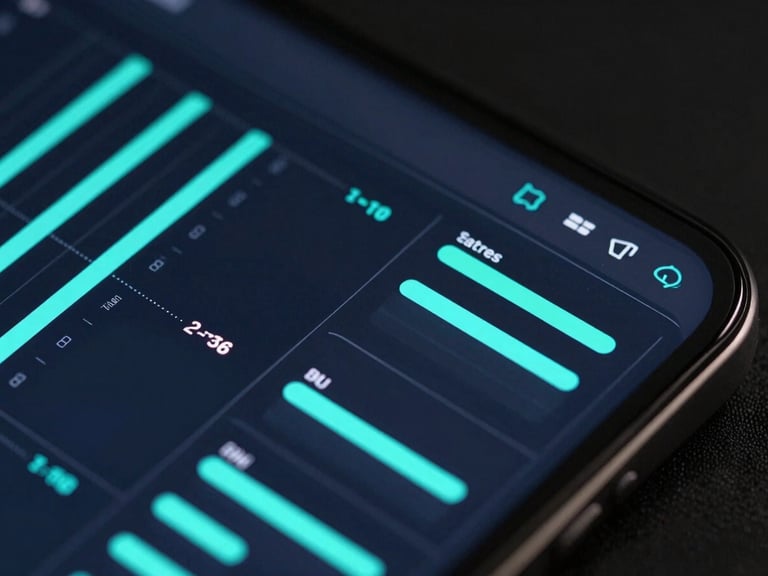 High-resolution mobile dashboard interface displaying complex data charts in neon cyan, dark mode tech aesthetic, sharp focus