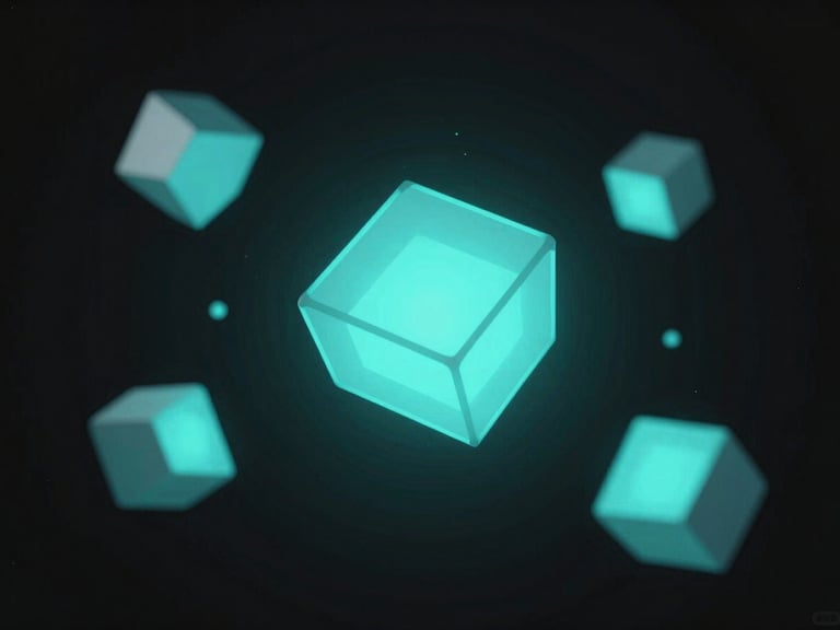 Abstract 3D render of glowing cyan geometric fragments floating in dark empty space, sharp focus, technical style