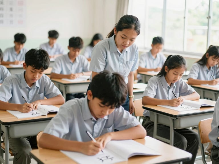 Indonesian students in a modern classroom learning Japanese kanji characters, sensei guiding, bright natural daylight, warm editorial photography, medium shot, 35mm