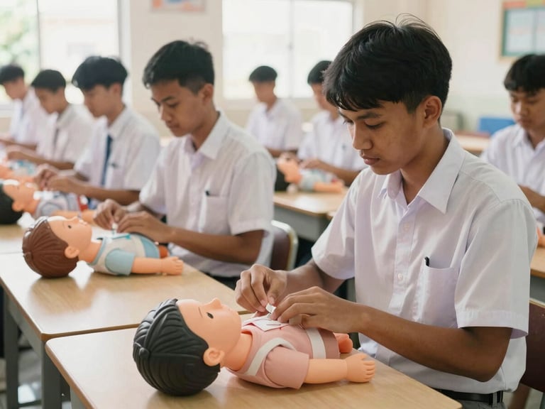 Indonesian students in a bright, modern classroom practicing patient care with medical dummies, wearing clean uniforms, under natural daylight, focus on hands-on mastery, warm editorial photography, 35mm