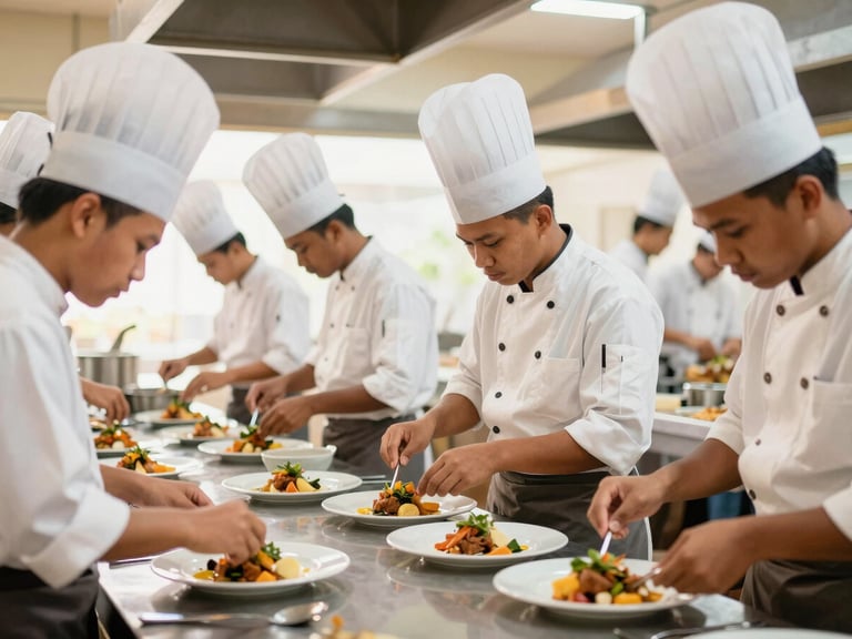Indonesian culinary students in a professional kitchen, wearing chef hats, actively cooking and plating dishes, bright warm indoor lighting, focus on hands-on mastery, warm editorial photography, 35mm