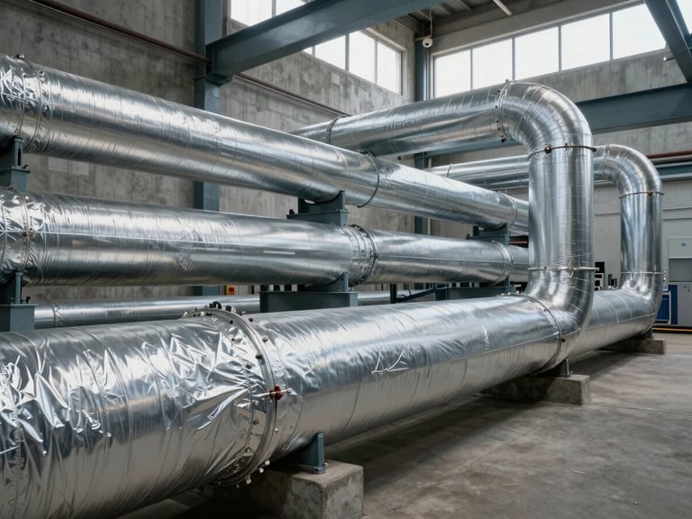Wide shot of a commercial HVAC plant room with thick armaflex insulation wrapping large-diameter chilled water pipes, silver vapour barrier visible at pipe joints, concrete walls and steel structural beams in background, daylight from a high louvre window, no people in frame