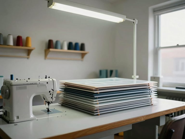 Wide environmental shot of a full repair bench — sewing machine at left, folded nylon panels stacked in the center, thread rack on the wall behind, fluorescent overhead light mixing with afternoon window light from the right, no people, everything mid-project
