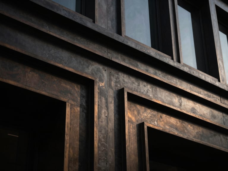 Close-up of a dark steel and bronze architectural detail on a modern building facade, low-key lighting, high contrast, deep graphite and bronze tones, 35mm