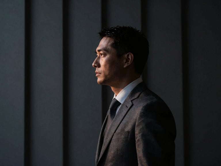 Profile portrait of a serious executive in deep focus, low-key dramatic side-lighting, deep shadows, cool graphite tones, subtle bronze reflections, 35mm