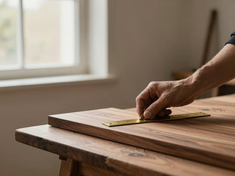 Close-up of a master carpenter marking a walnut wood plank with a brass square tool, natural side-lighting from a workshop window, warm tones, architectural minimalism