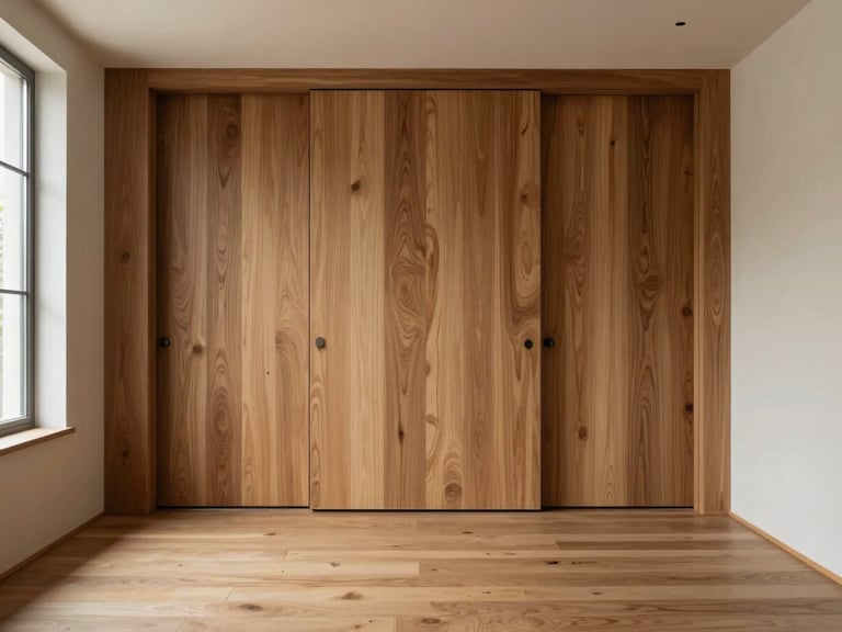 Wide architectural shot of a minimalist hallway featuring a floor-to-ceiling pivot door in natural walnut wood, continuous grain pattern visible, soft natural side light, high-end interior design.