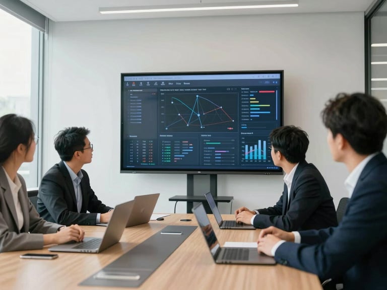 A bright modern meeting room with professionals looking at a clean digital dashboard on a screen, cool daylight, sharp focus on the collaborative workflow
