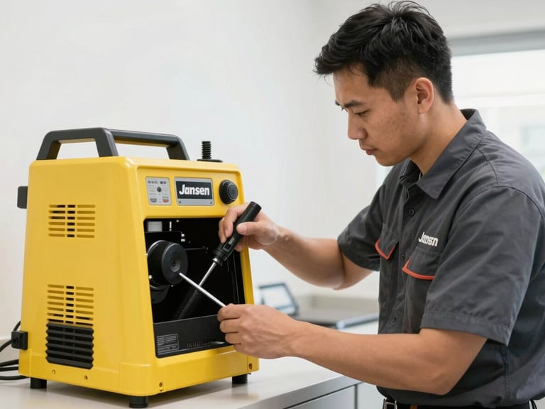Action-oriented medium shot of a professional technician in a clean Jansen uniform operating modern pest equipment in bright utility lighting, 35mm