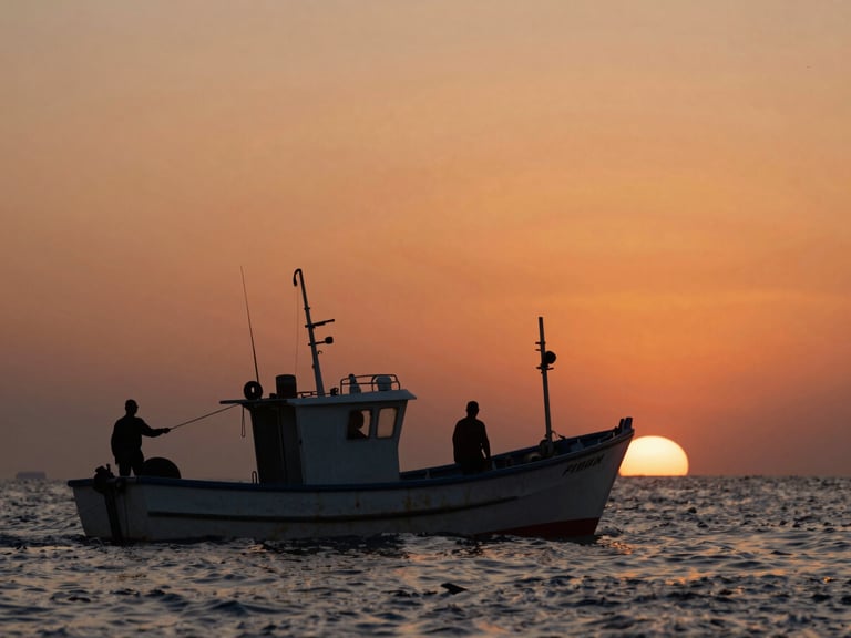 Documentary film still, wide shot of a coastal fishing boat at dusk, crew silhouetted against a deep orange sky, horizon level, salt spray diffusing the far light