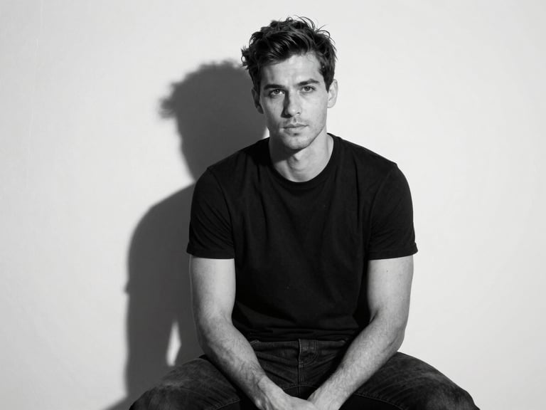Editorial portrait, subject seated against a bare white studio wall, single directional light from camera-left, sharp shadow geometry, high contrast monochrome
