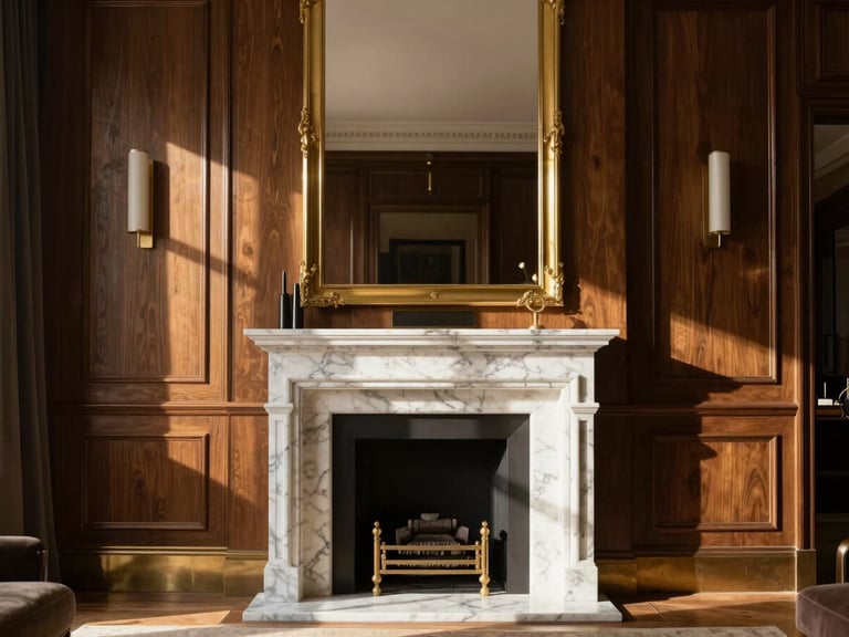 Sleek modern interior of a historic Belgravia apartment, warm brass accents, marble fireplace, high-contrast daylight, 35mm.