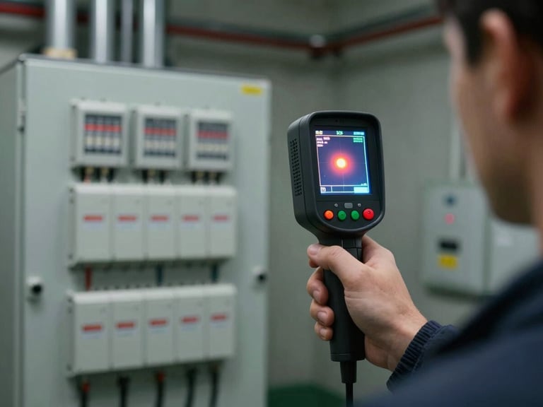 Point-of-view shot from a technician holding a thermal imaging camera, screen showing a hot-spot reading on a distribution board, dim industrial background with conduit runs visible