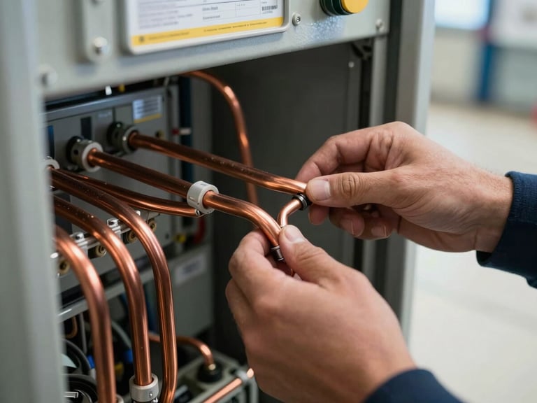 Close-up of a technician's hands connecting heavy copper busbars inside an MCC panel, natural site light from an overhead window, cable tags visible, industrial floor in background out of focus