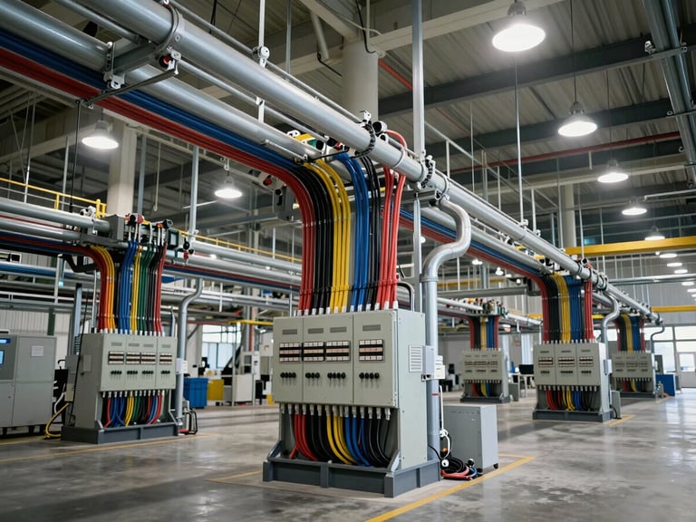Wide environmental shot of a completed overhead cable tray installation inside a functioning manufacturing plant, dozens of colour-coded conduit runs converging at a main distribution board, tungsten pendant lights above, concrete floor visible below, no people in frame