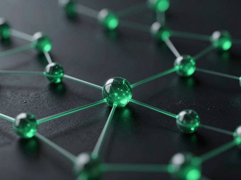 Sleek 3D render of abstract digital nodes, dark obsidian background, glowing emerald accents, cinematic depth of field