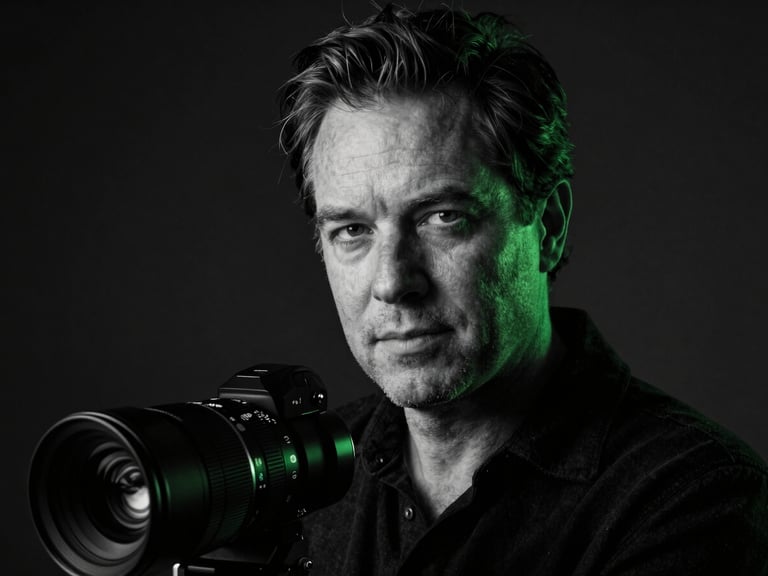 Moody low-key studio portrait of a writer with sharp high-contrast shadows and subtle neon green rim lighting, professional 85mm lens, dark background