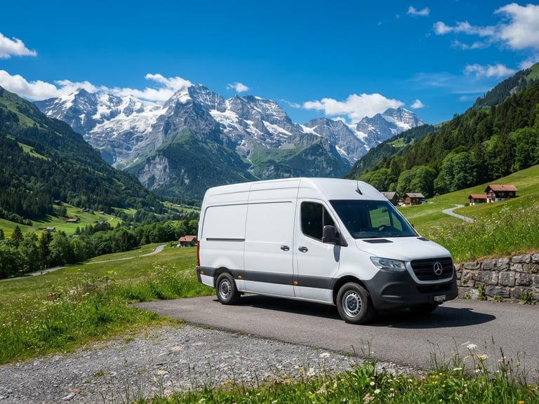 A clean white utility van parked in a bright Swiss alpine valley, crisp daylight, mountains in background, high-contrast, professional.