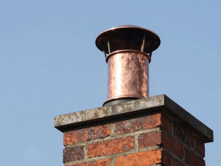 Close-up of a copper chimney cap installed on a clean brick chimney, shot against a clear blue sky, bright natural daylight, architectural detail.