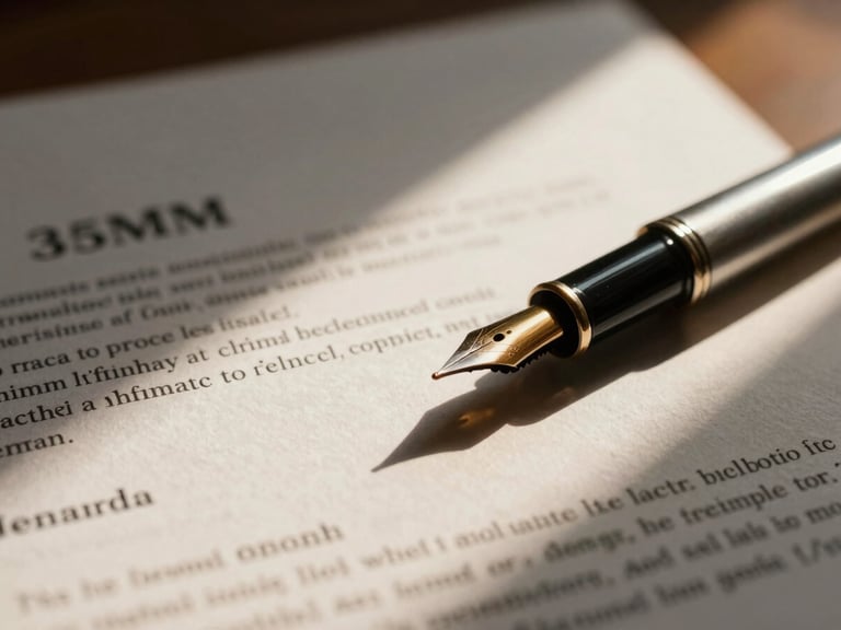 Close-up of a legal document with a fountain pen, shallow depth of field, warm dramatic lighting, 35mm