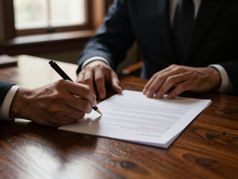 Medium-close shot of hands signing a physical contract on a polished mahogany desk, warm dramatic lighting, shallow depth of field, 35mm