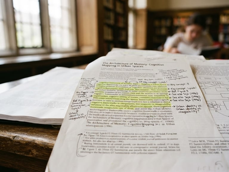 Close-up of printed academic papers with highlighted text and hand-written marginalia under soft library window light, shallow depth of field, 35mm