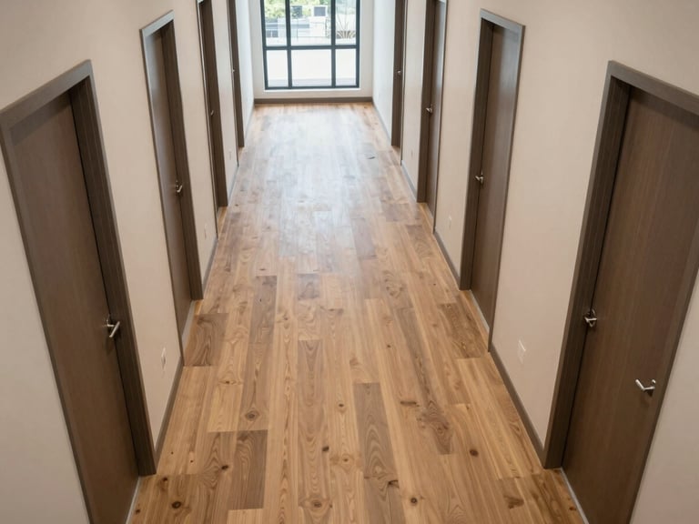 Overhead view of a multi-family residential corridor with fresh LVP flooring installed, unit doors lining both sides, overcast natural light from end windows, no occupants, clean material edges visible