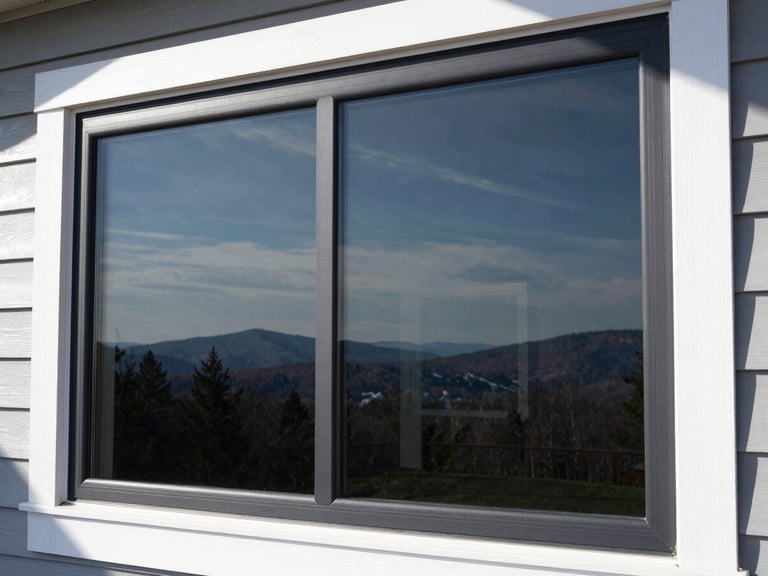 Modern home window with newly applied tinted film, reflecting a crisp New Hampshire landscape, high-contrast lighting.
