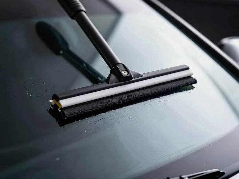 Close-up of a squeegee smoothing ceramic film onto a car window, dramatic studio lighting, deep charcoal and cool white tones, macro lens.