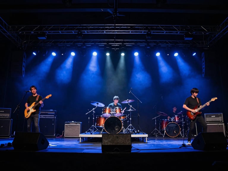 Wide shot of a live band performing on stage, drummer visible, electric blue stage lights, dynamic motion blur, low angle.