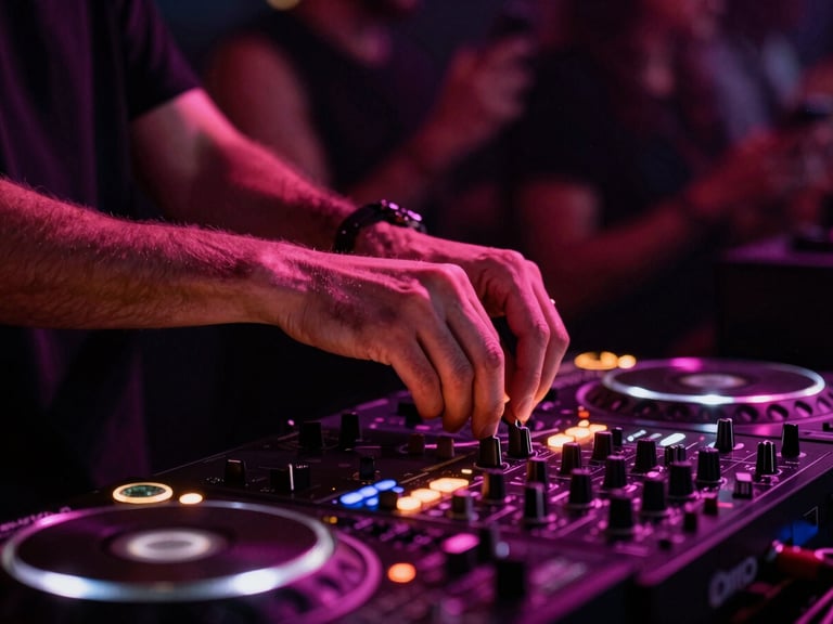 Close-up of a DJ's hands on a mixing console, vibrant magenta LED lights reflecting on the equipment, blurred crowd in background.
