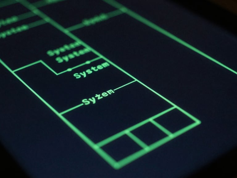 Close-up of a clean system architecture diagram on a dark screen, glowing neon green lines, monospace text labels, technical schematic layout