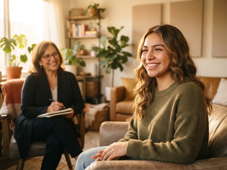 Joven sonriendo en un entorno cálido, luz natural de atardecer, enfoque en la expresión de esperanza, con un profesional de la salud mental al fondo, en un estudio de fotografía editorial.