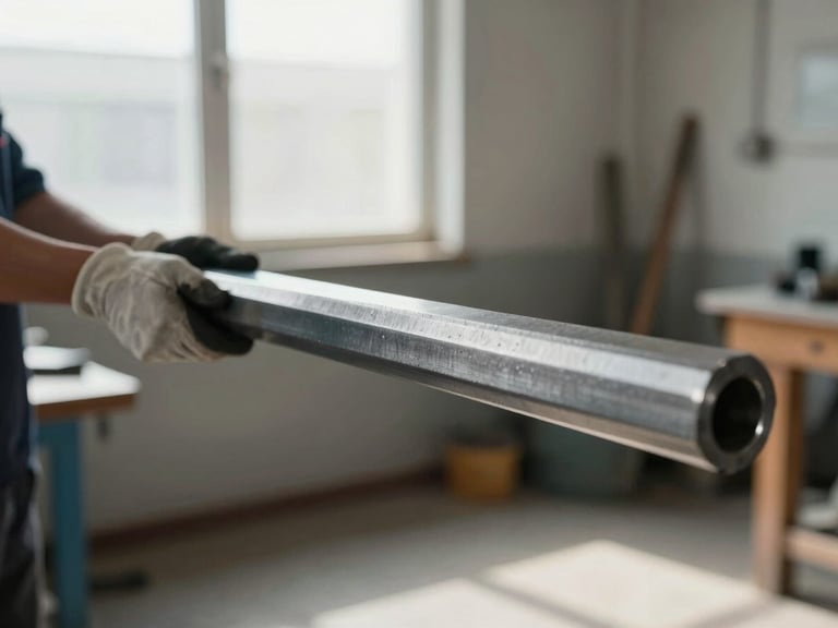 Wide shot from the left, a single worker's gloved hands holding a finished steel shaft horizontally across the frame under clear north-facing window light, workshop floor blurred in background, surface finish and machined end detail sharp