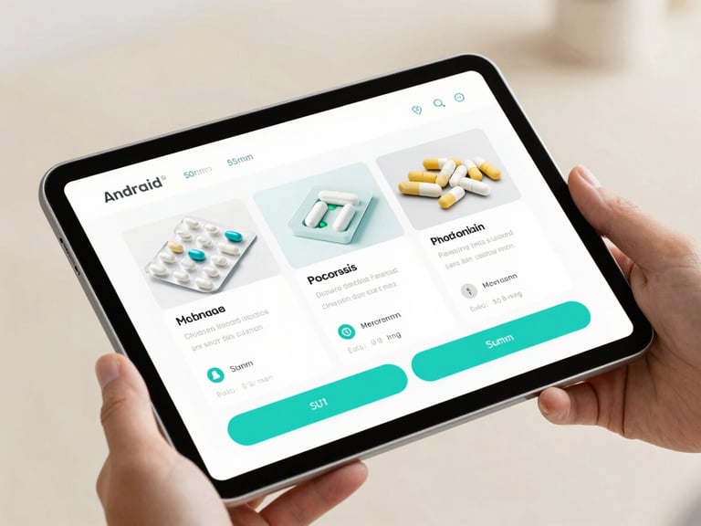 Close-up of a modern Android tablet showing a clean pharmaceutical catalog UI with medical tablets and teal buttons, bright studio lighting, soft neutral background, 50mm