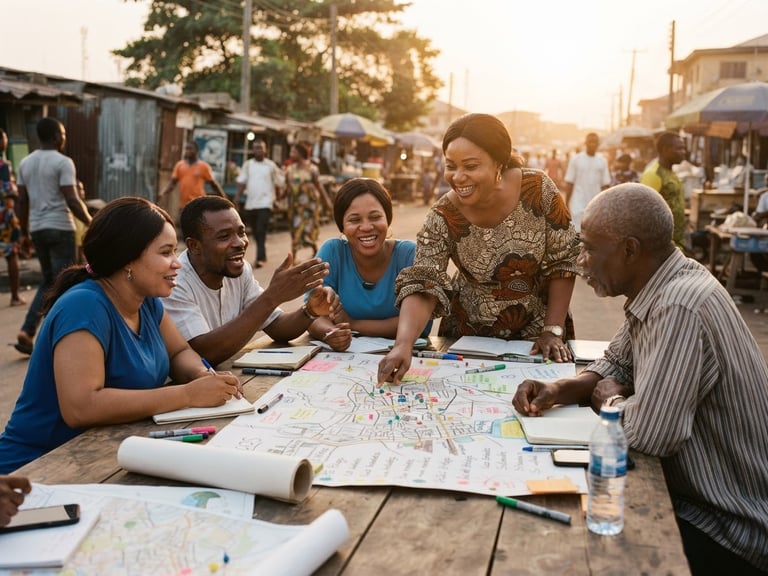 A collaborative community workshop in Lagos, local leaders and residents mapping out resources on a wooden table, warm golden-hour light, medium format film