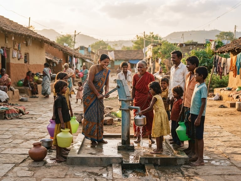 A newly installed community water pump in a sunlit village square, local residents gathered collaboratively, natural golden-hour daylight, medium format film.