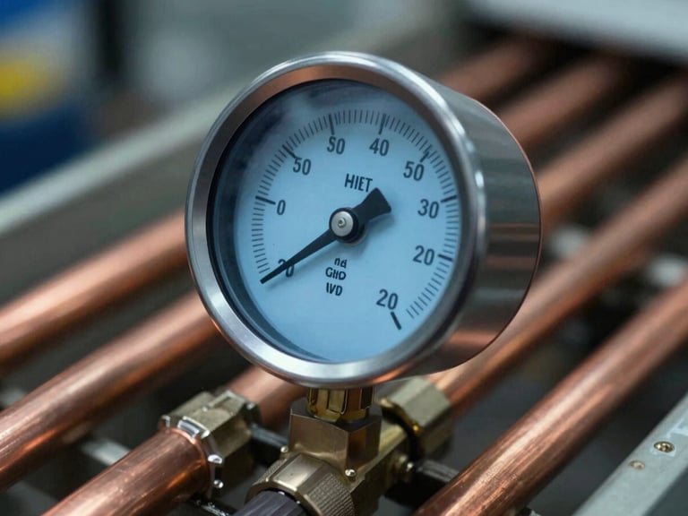 Macro close-up of a digital manifold gauge connected to copper refrigeration lines, crisp blue backlight on the screen, clean brazing visible, cool high-contrast lighting.