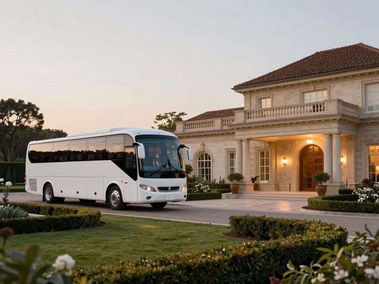 A luxurious white coach parked elegantly outside a grand wedding venue at golden hour, with soft lighting and manicured gardens. Wide panoramic frame, coach to the left third.