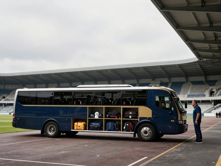 A modern coach with a team's sports equipment visible in the luggage compartment, parked at a stadium during an overcast day. Wide environmental shot, coach to the right third.