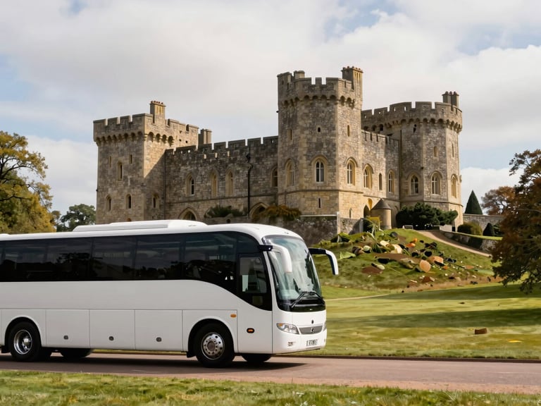 A pristine coach parked by a scenic UK landmark, such as a historic castle or a national park, bathed in soft daylight. Wide panoramic frame, coach to the left third.