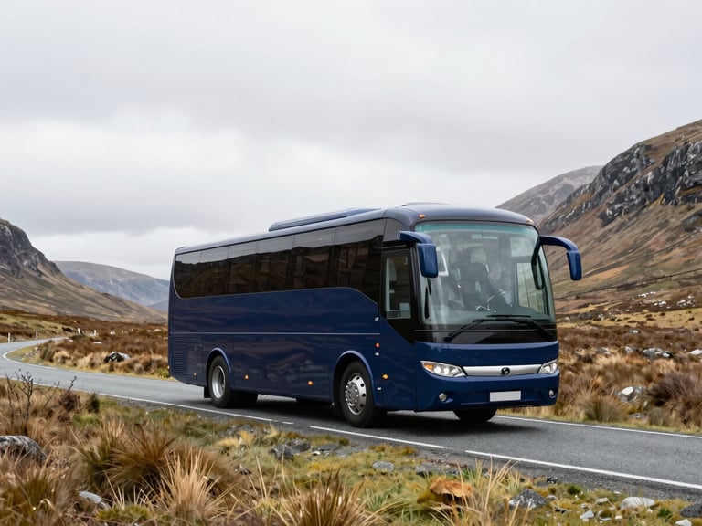 A luxury navy blue 57-seater touring coach driving on a scenic Scottish highland road, expansive landscape, soft overcast daylight, 35mm